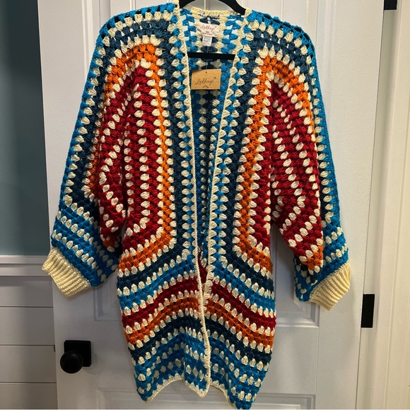 Fiesta Colorful Crocheted Granny Square Open Front Sweater Cardigan. M/L. NWT. - Picture 2 of 14